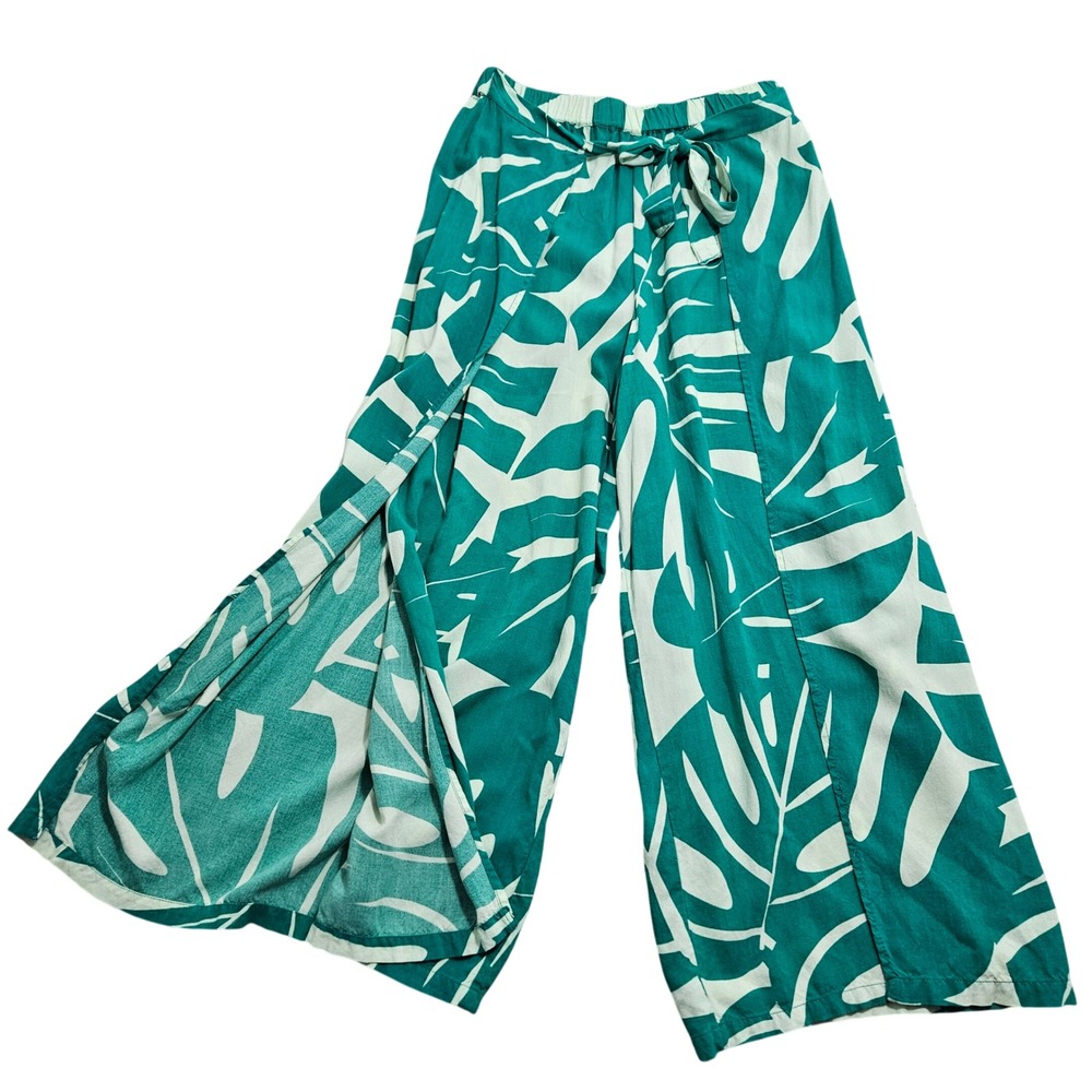Club Z Collection Wide Leg Pants Womens Small Teal Monstera Split Front Overlay